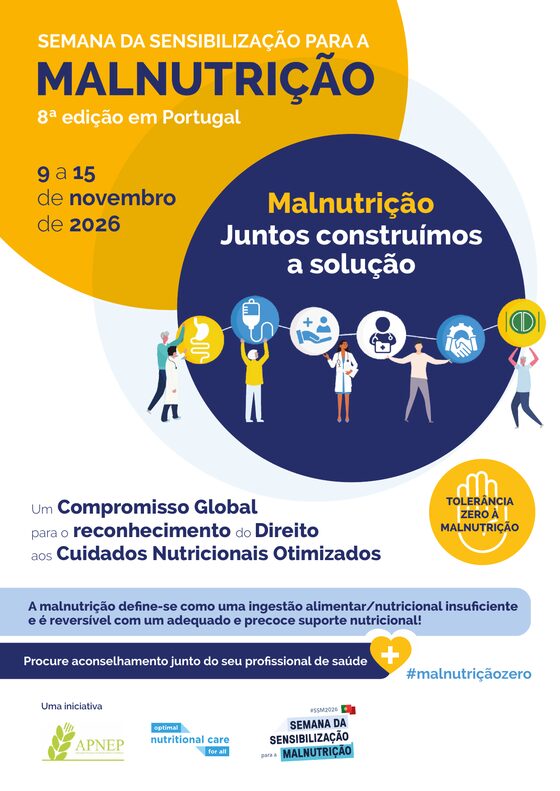Cartaz da Semana da Sensibilização para a Malnutrição, 8.ª edição em Portugal, 9 a 15 de novembro de 2026 — Malnutrição: juntos construímos a solução