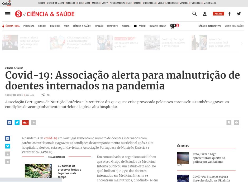 Covid-19: Associação alerta para malnutrição de doentes internados na pandemia