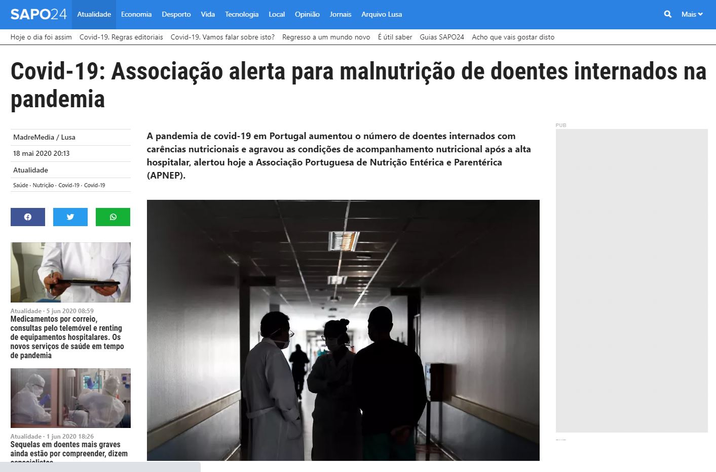 Covid-19: Associação alerta para malnutrição de doentes internados na pandemia