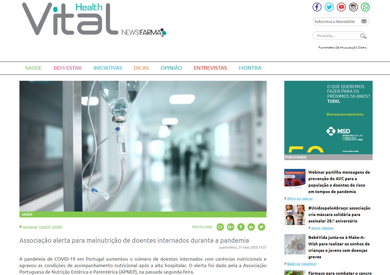 Associação alerta para malnutrição de doentes internados durante a pandemia